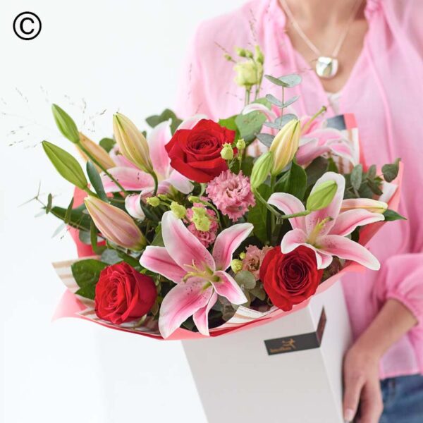 Valentines Classic Rose & Lily Hand-tied Bouquet - Image 2